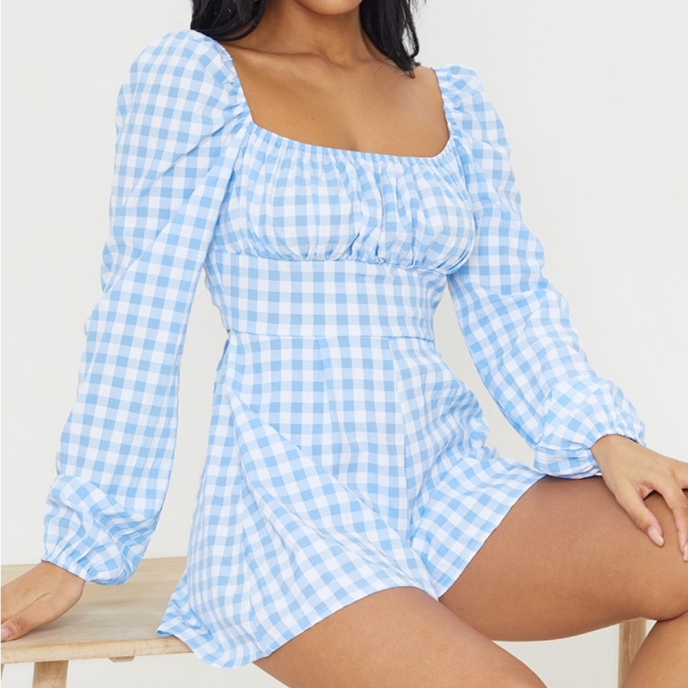 Blue gingham tie back long sleeve romper